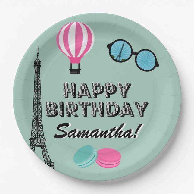 Paris Theme Happy Birthday Paper Plate Pappteller (Vorderseite)