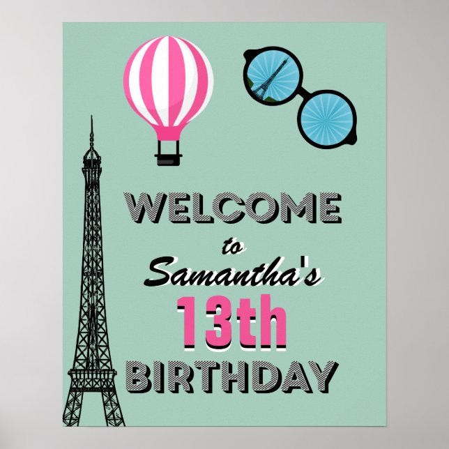 Paris Theme Happy Birthday Welcome Poster Sign (Vorne)
