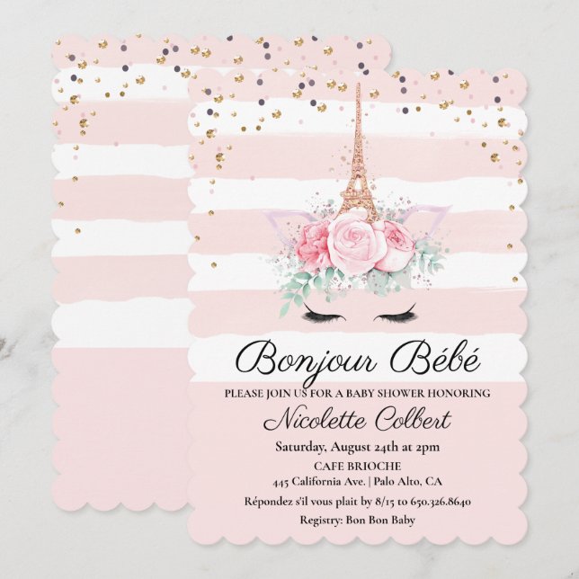 Paris Thème Unicorn Floral Baby shower Invitation (Devant / Derrière)