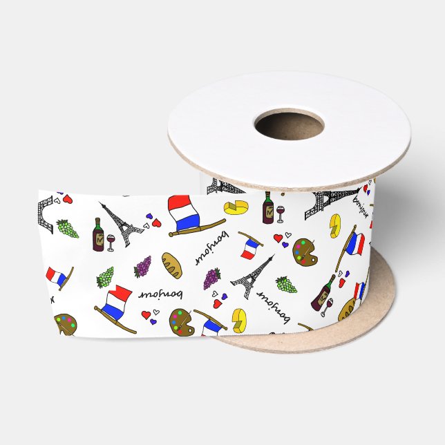 Paris Themed Cartoons Style Pattern Ribbon Satinband (Spule)
