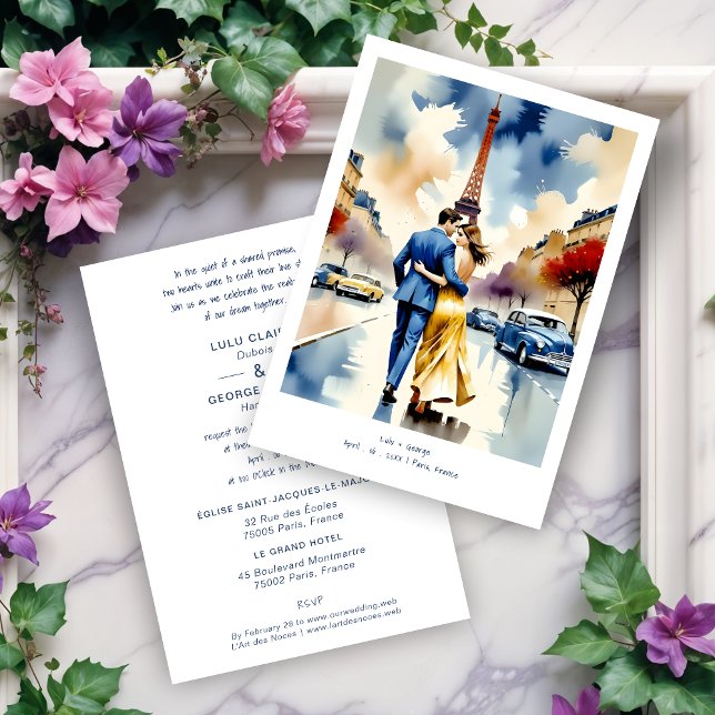 Paris Tour Eiffel Colorful Cityscape Wedding Einladung (Paris Tour Eiffel Colorful Cityscape Wedding Couple Illustration Invitations Cards. )