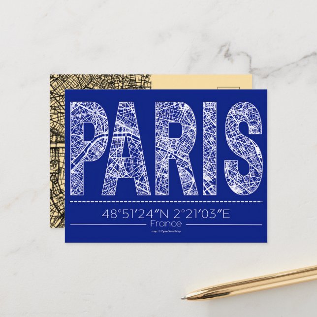 Paris Typography Map Postcard Modern Travel Design Postkarte (Vorderseite/Rückseite Beispiel)
