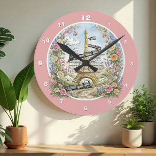 Paris-Uhr, Eiffelturm, Rosa, Französische Kunst Runde Wanduhr