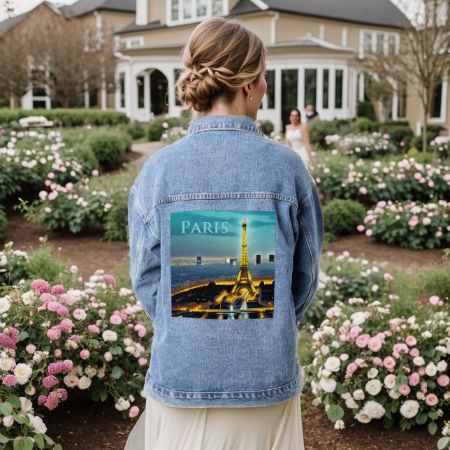 Paris unter einem türkisfarbenen Twilight Sky Jeansjacke (Hochzeit Rückseite)