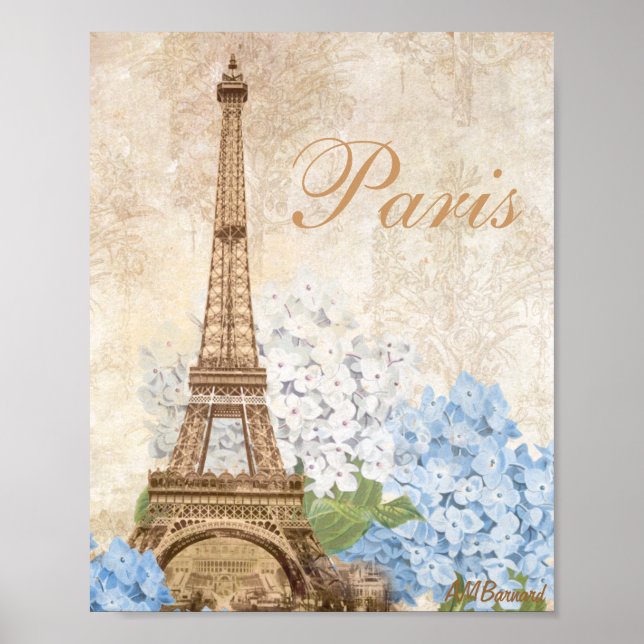 Paris Vintag Blue Hydrangea Print oder Poster (Vorne)