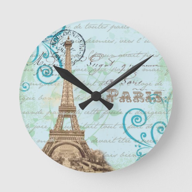 Paris Vintage French Writing Aqua Clock Runde Wanduhr (Vorderseite)