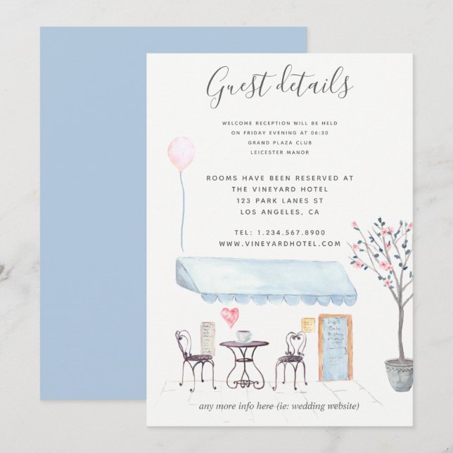 Paris Wedding Guest Details Aquarellfarben Einladung (Vorne/Hinten)
