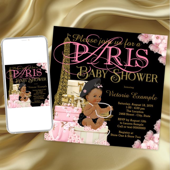 Pariser Baby Girl Dusche Einladungen (Pink black and gold Paris baby shower invitation. Instant download and printed invitations available)