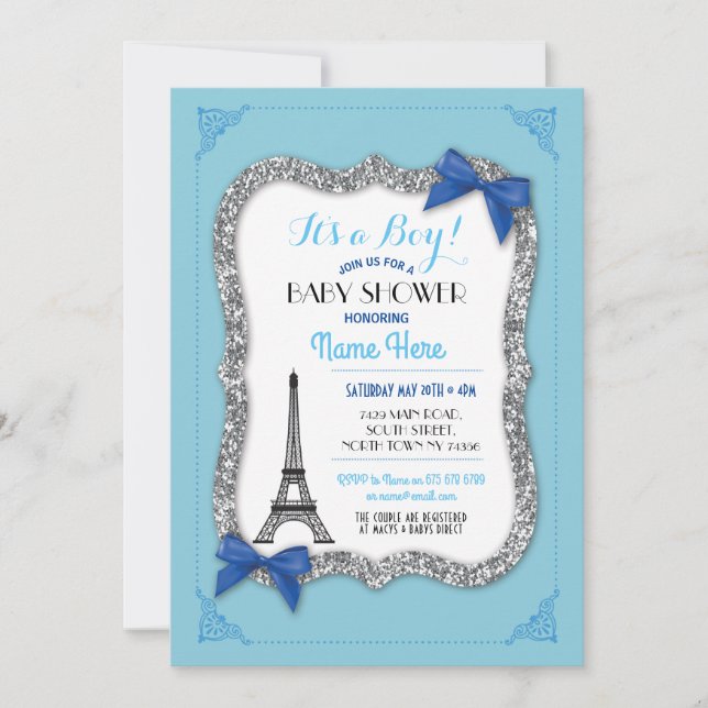 Pariser Babydusche Boy Blue Eiffel Tower Invite Einladung (Vorderseite)