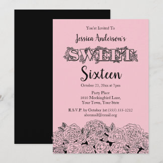 Pariser Boutique Rosa Schwarze Rose 16 . Geburtsta Einladung