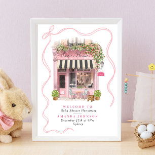 Pariser Café Bonjour Bebe Rosa Schleife Babyparty Poster