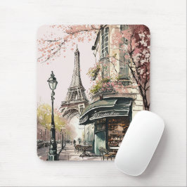Pariser Café Eiffelturm Rosa Kirschblüten Mousepad