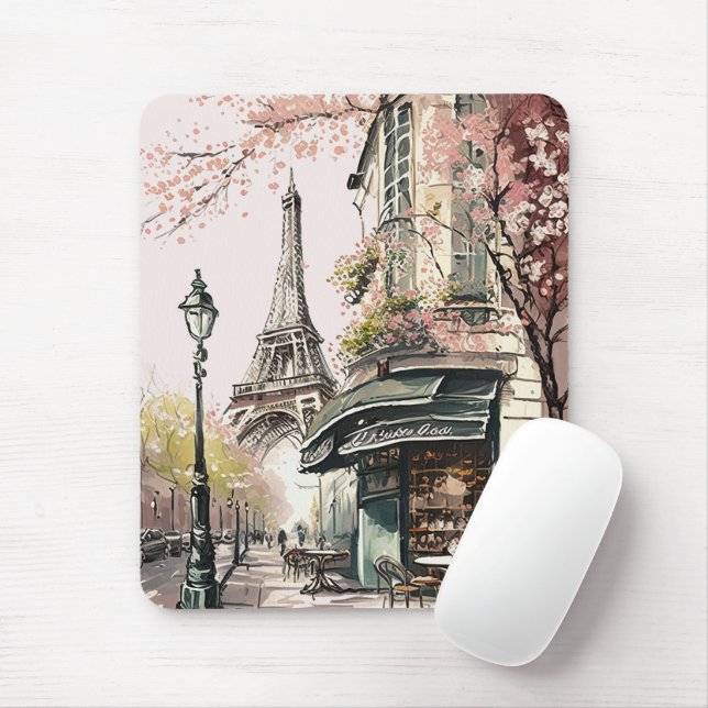 Pariser Café Eiffelturm Rosa Kirschblüten Mousepad (Mit Mouse)