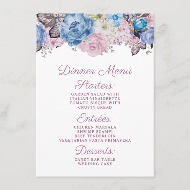 Pariser Charm Blau & Rosa Chormusik Abendessen Menükarte (Vorderseite)
