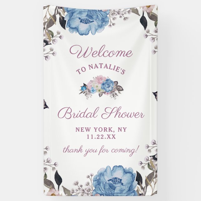 Pariser Charm Blue Floral Brautparty Empfang Banner (Vertikal)
