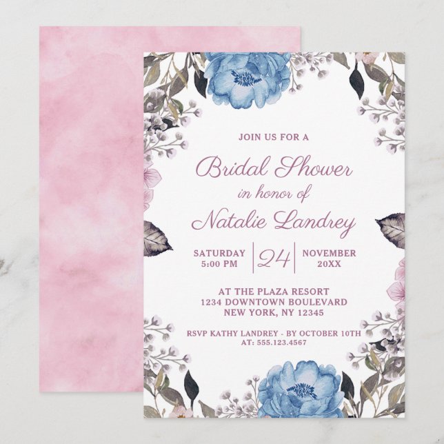 Pariser Charm Blue Floral Wedding Brautparty Einladung (Vorne/Hinten)