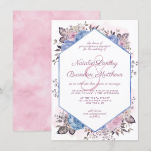 Pariser Charm Blue & Pink Blumenhexagon Hochzeit Einladung