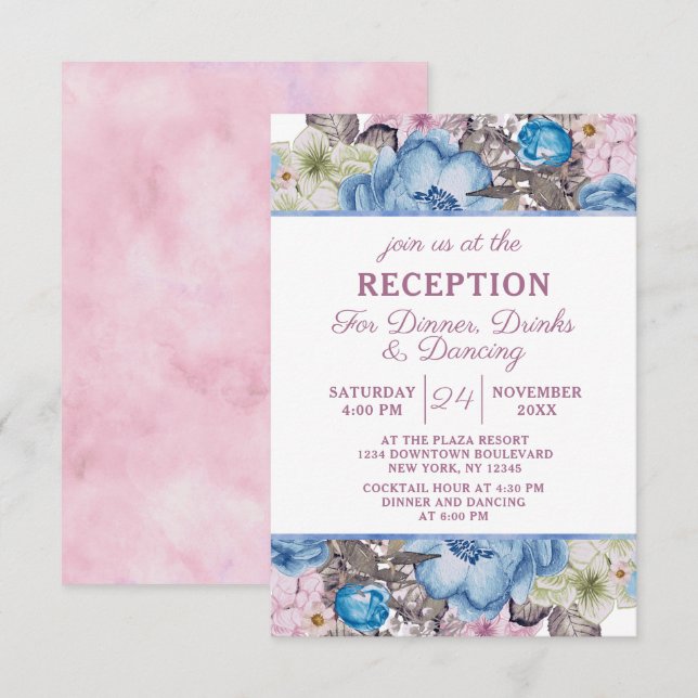 Pariser Charm Blue & Pink Chic Hochzeitsempfang Einladung (Vorne/Hinten)