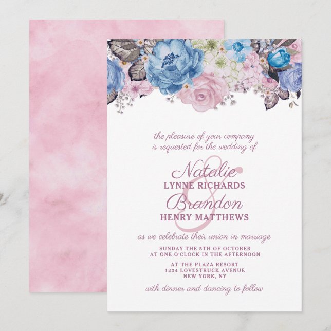 Pariser Charme Blau & Pink Blumenzitz Hochzeit Einladung (Vorne/Hinten)