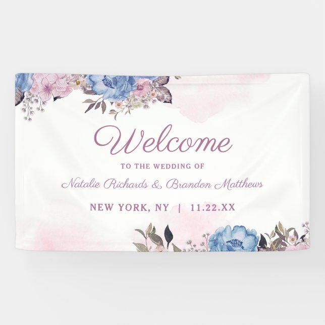 Pariser Charme Blau & Rosa Blumenzelt Begrüßung Banner (Horizontal)