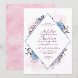 Pariser Charme Blau & Rosa Diamantrahmen Hochzeit Einladung