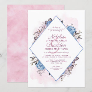 Pariser Charme Blau & Rosa Diamantrahmen Hochzeit Einladung