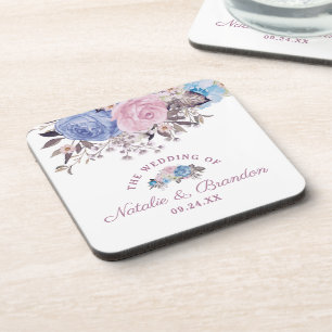 Pariser Charme Blau & Rosa Florales Hochzeitsmonog Getränkeuntersetzer