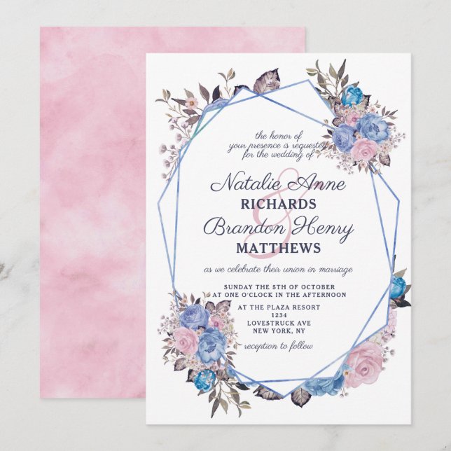 Pariser Charme Blau & Rosa Geometrische Hochzeit Einladung (Vorne/Hinten)