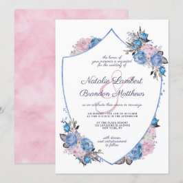 Pariser Charme Blau & Rosa Wappen Hochzeit Einladung