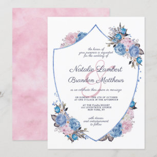Pariser Charme Blau & Rosa Wappen Hochzeit Einladung