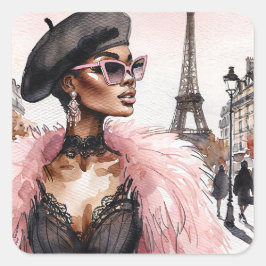 Pariser Chic Schwarze Frau in Frankreich Aquarell Quadratischer Aufkleber