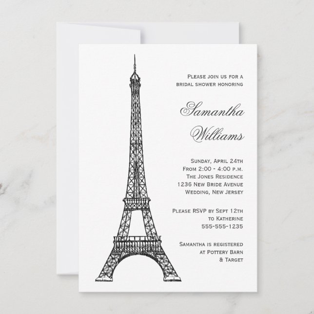 Pariser Eiffelturm Black & White Brautparty Einladung (Vorderseite)