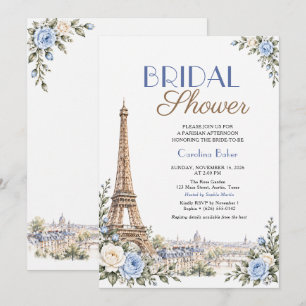 Pariser Eiffelturm Blau Florale Brautparty Einladung