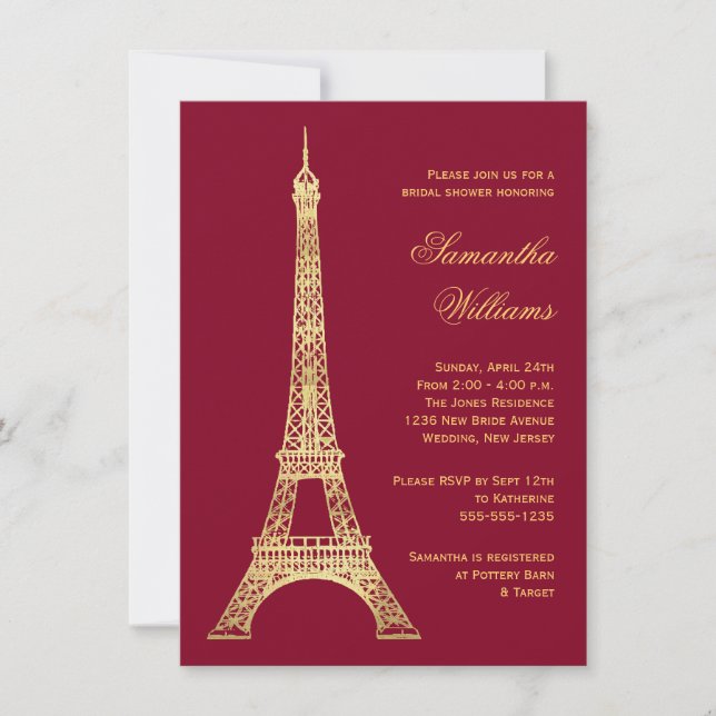 Pariser Eiffelturm Burgund Gold Brautparty Einladung (Vorderseite)