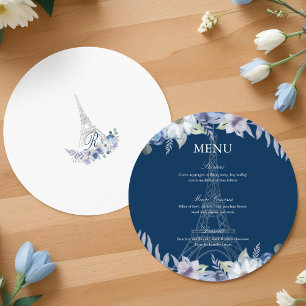 Pariser Eiffelturm Wasserfarbenflorale Hochzeit Menükarte