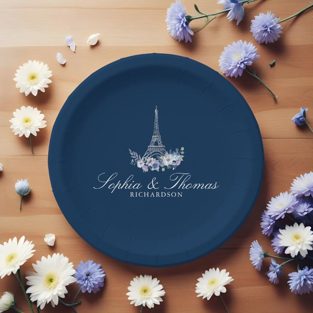 Pariser Eiffelturm Wasserfarbenflorale Hochzeit Pappteller (Paris Eiffel Tower Watercolor Floral Navy Wedding Paper Plates)