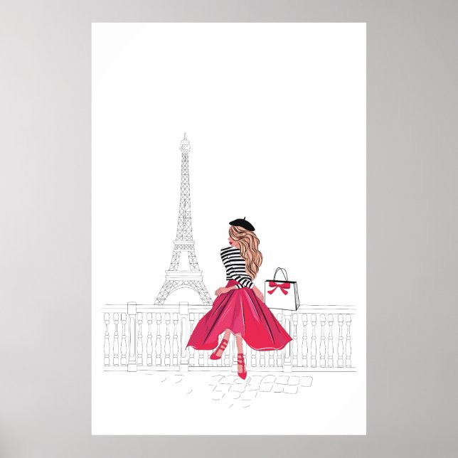 Pariser Frau vor dem Eiffelturm, Paris Poster (Vorne)