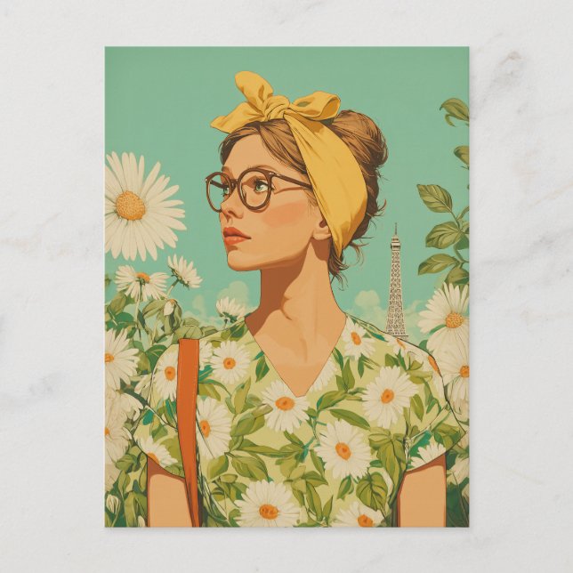 Pariser Frühling Mädchen mit Gänseblümchen Postkarte (Vorderseite)
