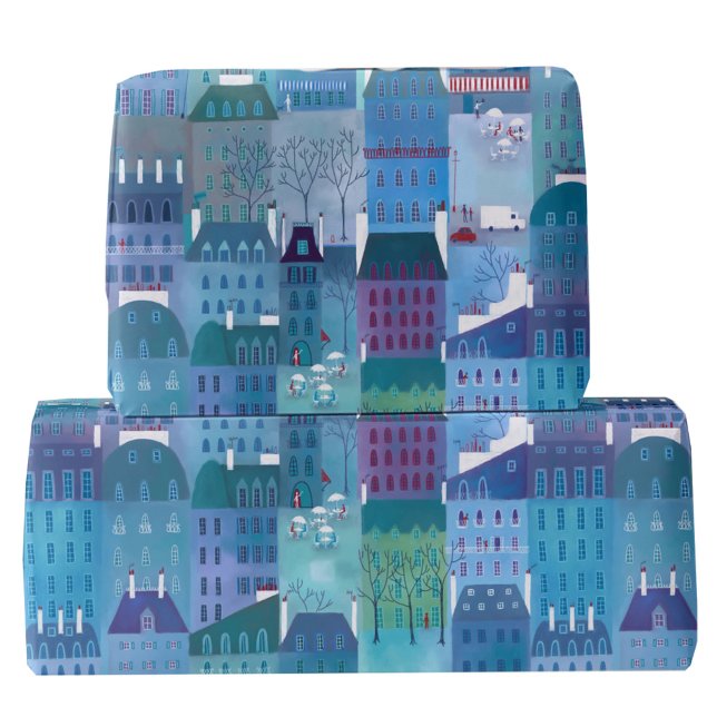 Pariser Gebäude Blaue Kunst Geschenkpapier (Paris France buildings art gift wrapping paper)