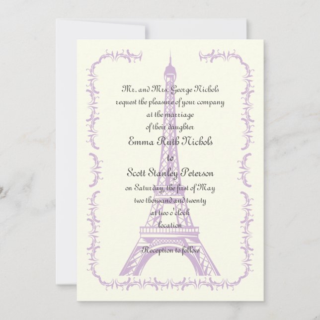 Pariser Hochzeit lila Eiffelturm Einladung (Vorderseite)