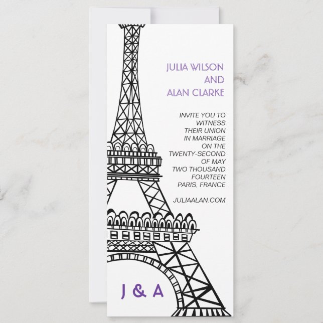 Pariser Hochzeits-Einladungs-lila Eiffel-Turm Einladung (Vorderseite)