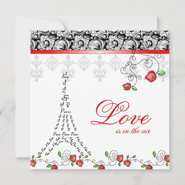 Pariser Hochzeitseinladung - Rote Rosen Schwarz-we Einladung (Vorderseite)