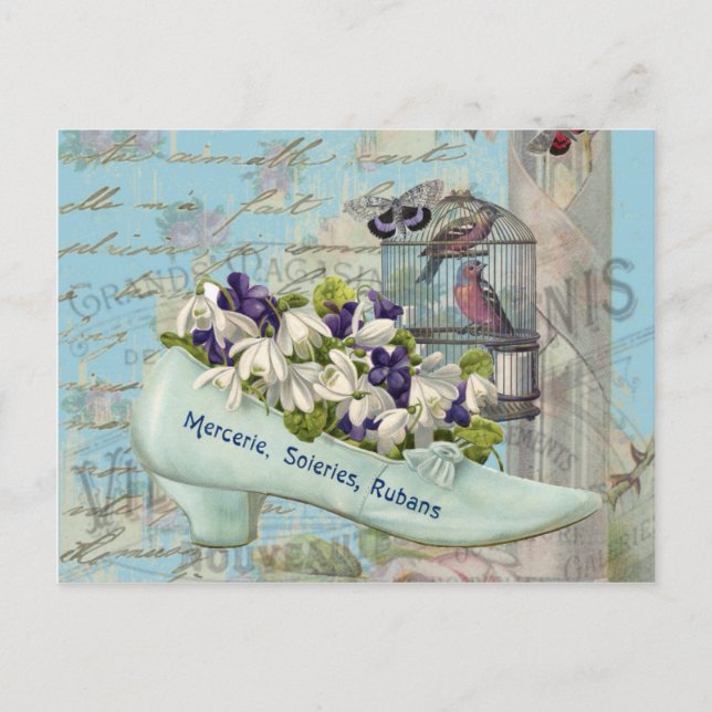 Pariser Kunstdecoupage - hübsche blaue Schuhe Blum Postkarte (Vorderseite)