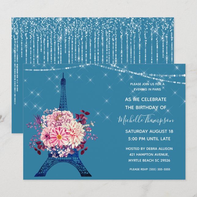 Pariser Navy Eiffel Tower Glitzer Floral Geburtsta Einladung (Vorne/Hinten)