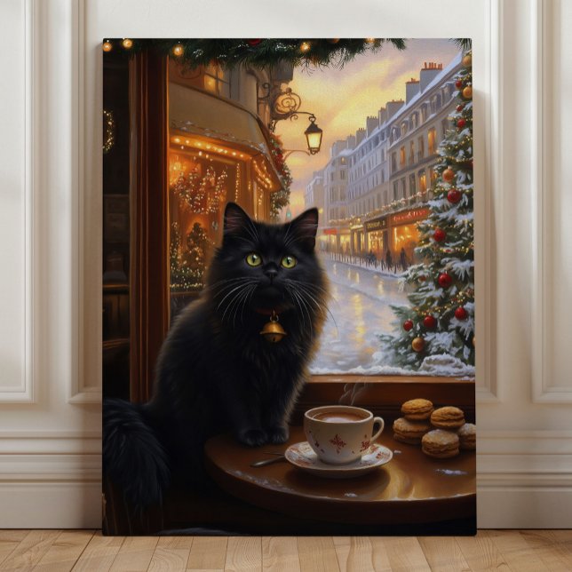 Parisian Christmas Cat – Whimsical Black Cat Café  Leinwanddruck (Parisian Christmas Cat – Whimsical Black Cat Café Art by Nicole Cossairt)