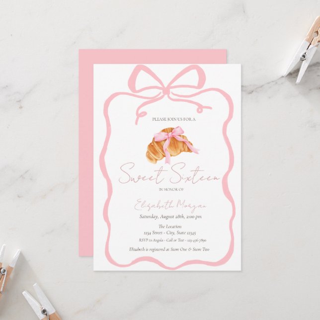 Parisian Croissant Pink Bow Sweet 16 Einladung (Vorderseite/Rückseite Beispiel)