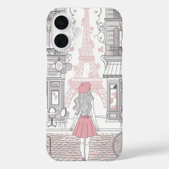 Parisian Girl  – Cute Eiffel Tower & Café Street  iPhone 16 Hülle (Rückseite)