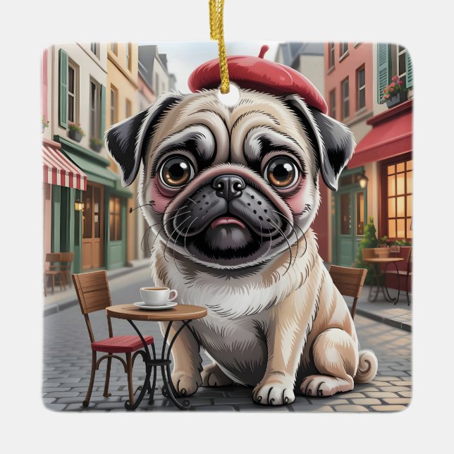 Parisian Pug at Sidewalk Cafe Keramikornament (Vorderseite)