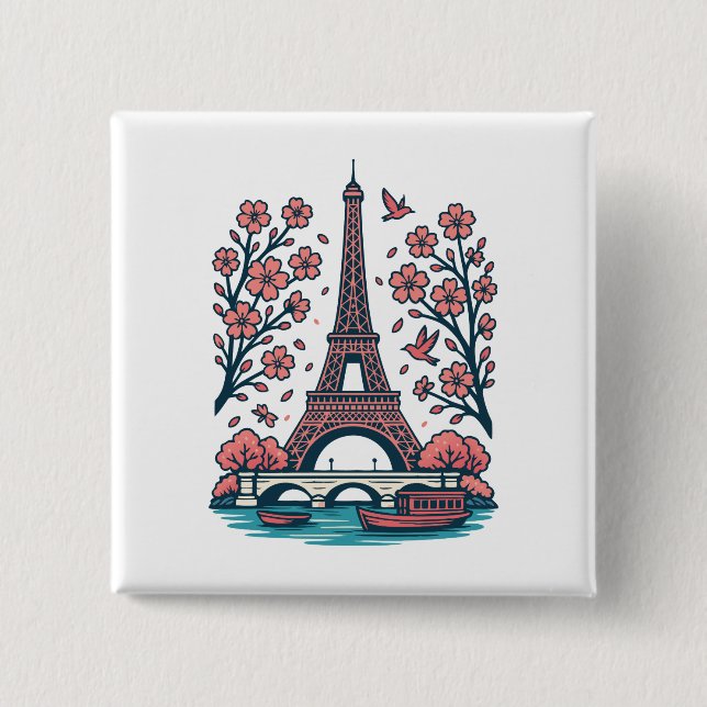 Parisian Souvenir Eiffel Tower Paris Kirschbaum Button (Vorderseite)