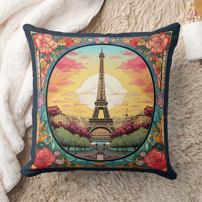 Parisian Sunset Eiffel Tower Paris French Floral Kissen (Decke)